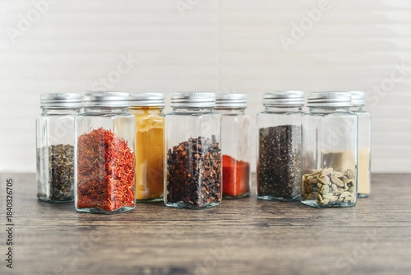 Obraz Assorted spices in glass jars with metal lids