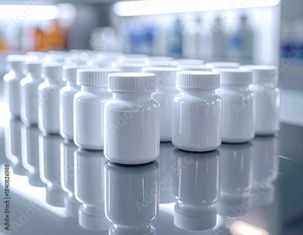 Fototapeta White pill bottles in pharmacy