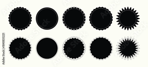 Obraz Vector Set of Black Circular Badges and Seals with Serrated, Scalloped, and Starburst Edges for Labels, Stickers, and Vintage Design