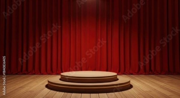 Obraz Tiered Wood Podium on Stage with Red Velvet Curtains, Classic Theatrical Presentation Backdrop: Product Showcase, Exclusive Event Display, Warm Elegant Interior Mockup.