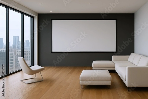Obraz Modern Living Room Interior with White Sofa, Chair, and Blank Canvas for Art or Presentation