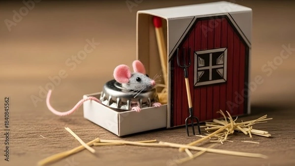 Obraz Cute Matchbox Mouse House Craft | Tiny Mouse in Red Barn with Hay 2025