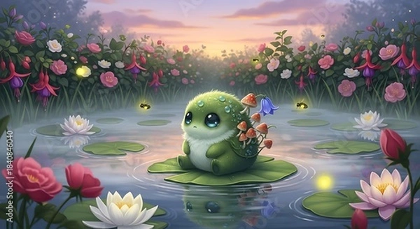 Fototapeta A small, endearing creature sits peacefully on a lily pad in a serene garden pond, surrounded by vibrant flowers and glowing insects, creating a captivating scene of whimsical beauty.