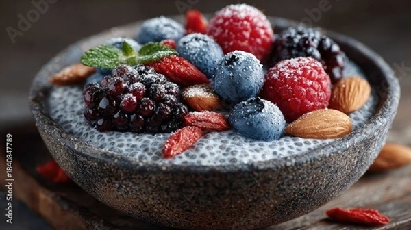 Fototapeta Close-up of a chia seed pudding bowl topped with fresh berries and almonds