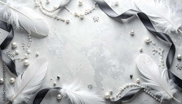 Obraz シックなモノトーン背景：黒いサテンリボンと白い羽、真珠が散りばめられたエレガントなフレーム