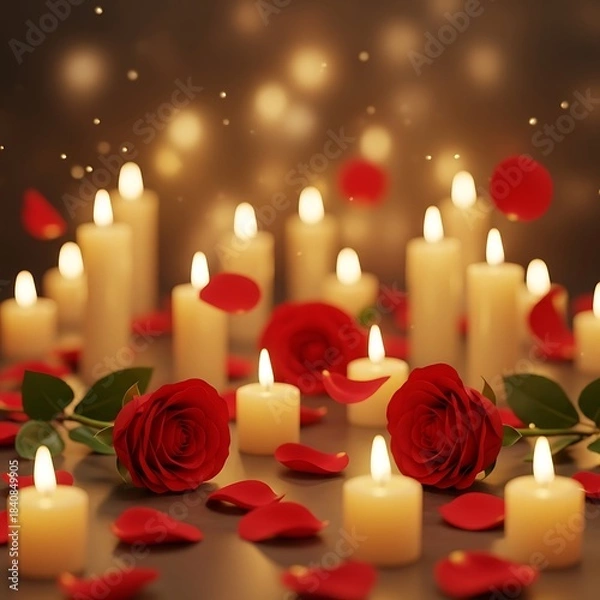 Fototapeta Numerous glowing pillars illuminate a romantic setting scattered with vibrant crimson blossoms and floating particles