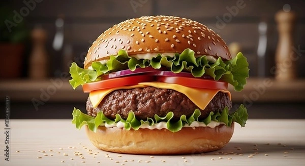 Fototapeta A mouthwatering cheeseburger sits on a light wooden surface, showcasing its layered toppings and golden brown bun.