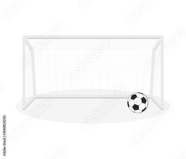Fototapeta White goal frame with netting and a classic black and white football resting on the ground near the post.