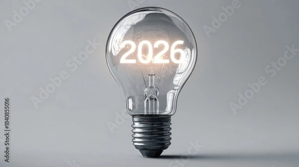 Fototapeta Lit lightbulb reads "2026", illuminated on gray backdrop
