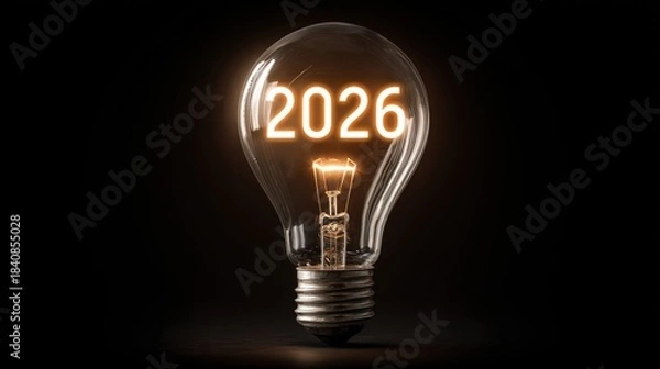 Fototapeta Glowing lightbulb with "2026" inside. Dark background, bright filament