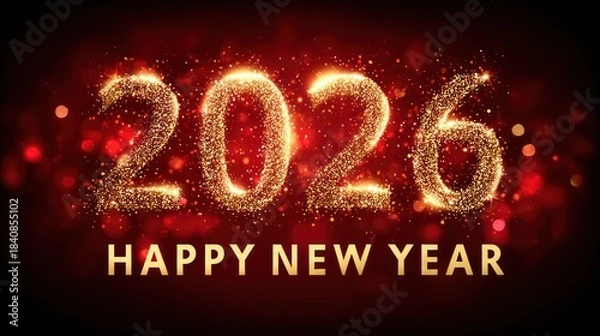 Fototapeta Sparkling 2026 New Year greeting on deep red, with bokeh and golden text below
