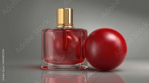 Fototapeta A crimson perfume bottle with a gold cap sits beside a matching red sphere on a reflective grey surface.  The image is clean and minimalist, focusing on the product's elegant design