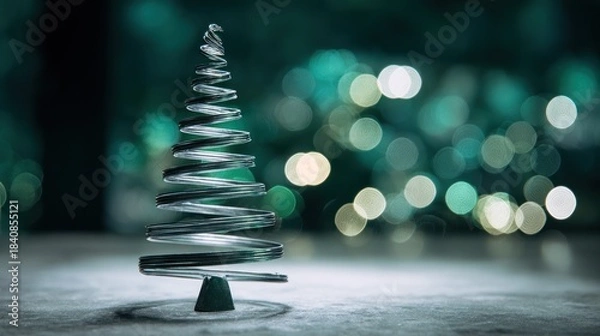 Fototapeta Sleek, spiral-shaped silver Christmas tree, bokeh lights in background, on a textured surface