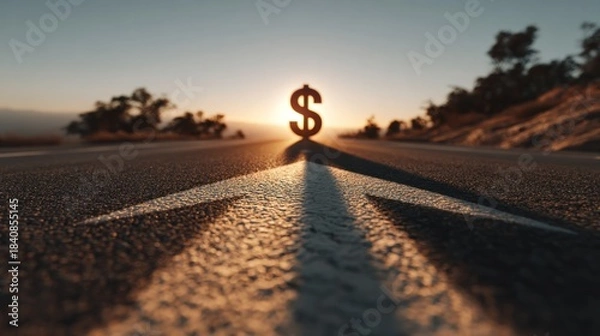 Fototapeta Dollar sign atop arrow pointing forward on road at sunset