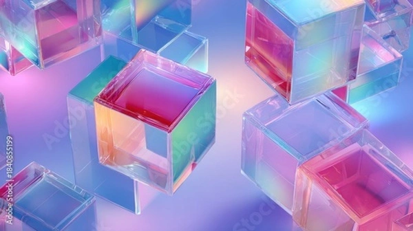 Fototapeta Transparent cubes with colorful, iridescent refractions layered across a gradient backdrop