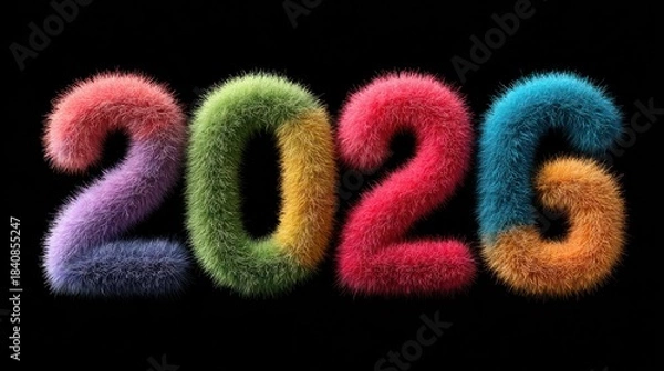 Fototapeta Fuzzy numbers "2026" in rainbow colors on a black background