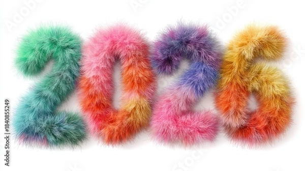 Fototapeta Fluffy colorful 2026, fuzzy number shapes, isolated, white background