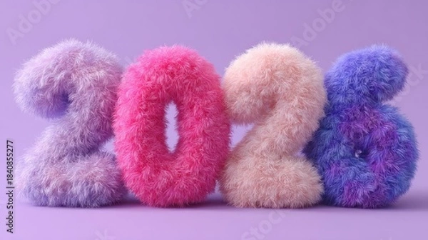 Fototapeta Fluffy pastel-colored numerals "2026" against a light purple background.  Each number is rendered in a different shade of plush, textured material; lavender, pink, peach, and periwinkle