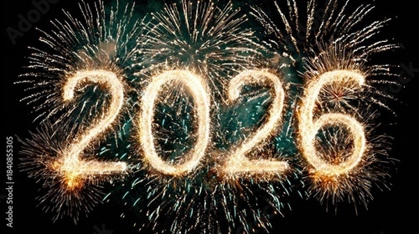 Fototapeta The numbers 2026 glow brightly against a black backdrop with fireworks erupting