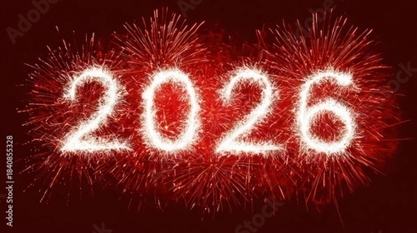 Fototapeta A vibrant fireworks display forming the year 2026 against a dark red backdrop