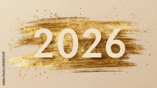 Fototapeta Beige background with golden brushstroke; the number 2026 is centered over the stroke