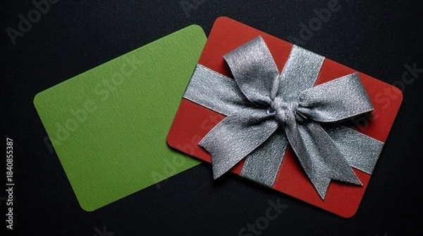 Fototapeta A red gift card with a silver ribbon next to an open green envelope on black