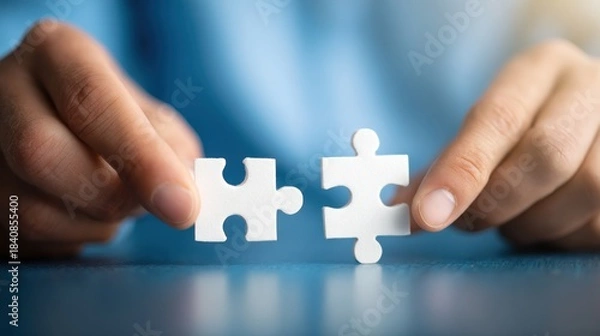 Fototapeta Hands holding two white puzzle pieces, about to connect, symbolizing teamwork and completion