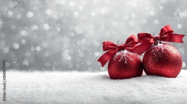 Fototapeta Two red, glittery holiday ornaments with red bows on snowy surface against a bokeh background