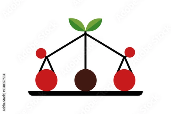 Fototapeta Red cherries positioned as dual balance scales on white background, creative minimal food styling, symmetrical arrangement, healthy fruit concept, artistic fresh cherry photography