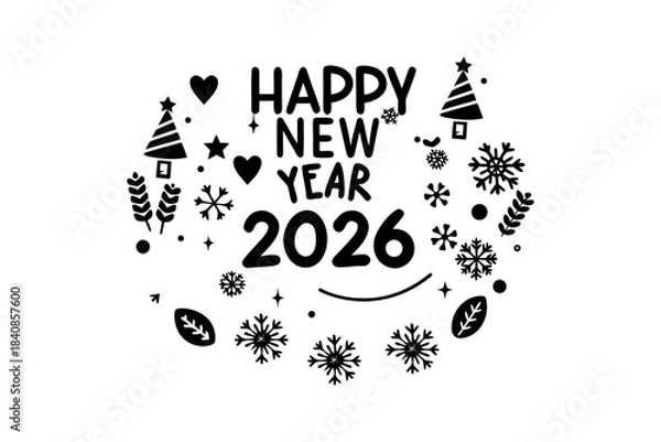 Fototapeta Minimalist thin line festive icons forming a circular design around Happy New Year text, celebrating holiday decorations, fireworks, confetti, and party elements on white background.