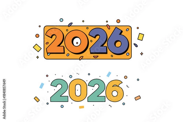 Fototapeta Flat rectangular confetti scattered around 2026 numbers on a clean white background, festive celebration, bright colorful paper pieces for New Year 2026 party decoration