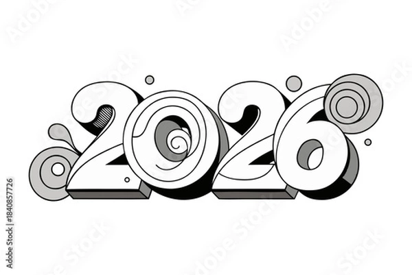 Fototapeta Monochrome 2026 calligraphy design featuring clean abstract shapes, elegant black and white composition, minimal artistic style suitable for modern New Year graphics and contemporary visual themes