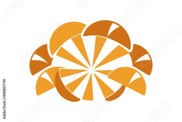 Fototapeta Mushroom slices forming rotating fan shape on white background, isolated top view, fresh fungi, creative geometric food design, healthy culinary ingredients, decorative presentation.