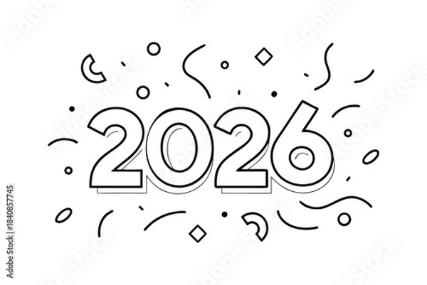 Fototapeta Outlined confetti pieces arranged around bold 2026 text on a clean white background, minimal celebratory decoration design suitable for New Year themes, festive layouts, and holiday graphic projects