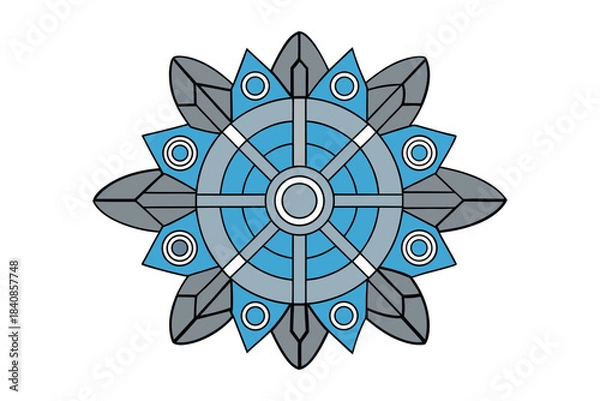 Fototapeta Nordic mandala design with Viking rune patterns, icy blue mystical circular ornament, Scandinavian folk art, winter-themed geometric symbol, ancient Norse decorative emblem illustration.