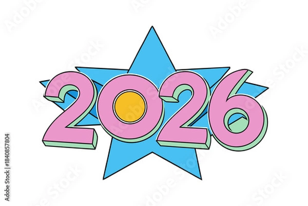 Fototapeta Star shaped pieces forming the number 2026 on a clean white background, creative geometric composition with scattered elements, modern minimalist layout perfect for New Year design and celebration 