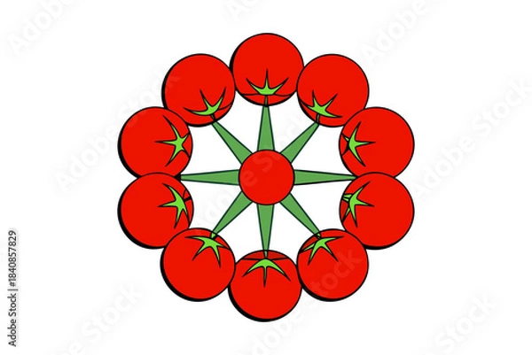 Fototapeta A creative circular arrangement of fresh tomatoes forming a unique color wheel on a clean white background, showcasing natural produce tones in a minimal, modern, and visually balanced composition