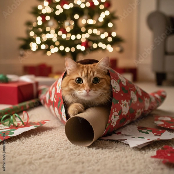 Obraz cat and christmas gift