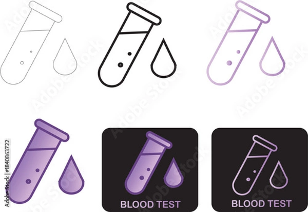 Fototapeta Minimalist laboratory test tube and liquid drop icon set in various styles and color schemes, ideal for medical diagnostics graphics