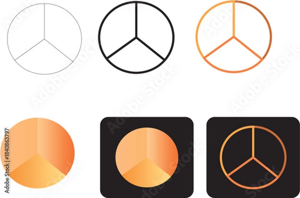 Fototapeta Minimalist geometric circle icons with three equal segments, presented in various clean, modern design styles suitable for abstract concepts, user interfaces, or data visualization