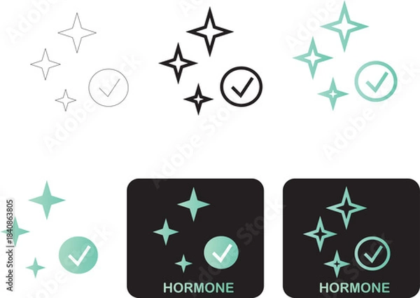 Fototapeta Minimalist Vector Icon Set Representing Hormone Balance, Cleanliness, and Verified Purity with Sparkle and Checkmark Elements for Wellness Design