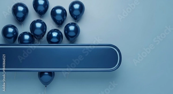 Obraz Metallic blue balloons and rectangular frame on light blue background