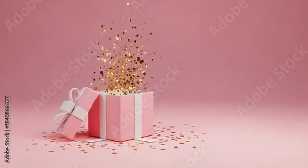 Obraz Pink gift box revealing sparkling gold confetti on a soft pink background