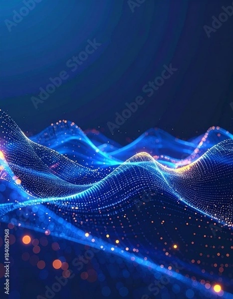 Obraz 深い青の背景上に、金融アルゴリズムを連想させる層状の発光ラインと幾何パターンが重なり合い、AIの動的なデータフローが抽象的に可視化された未来的テックビジュアル。繊細な粒子が高精度テクノロジー感を演出し、クリーンでビジネス向けの印象を形成。