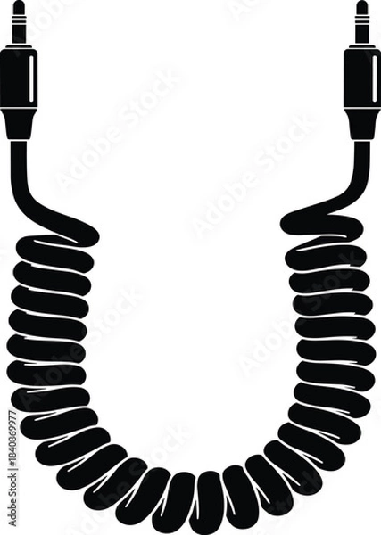Fototapeta Black silhouette vector icon of a coiled audio cable or jack cord with male connectors on both ends for music technology and electronics