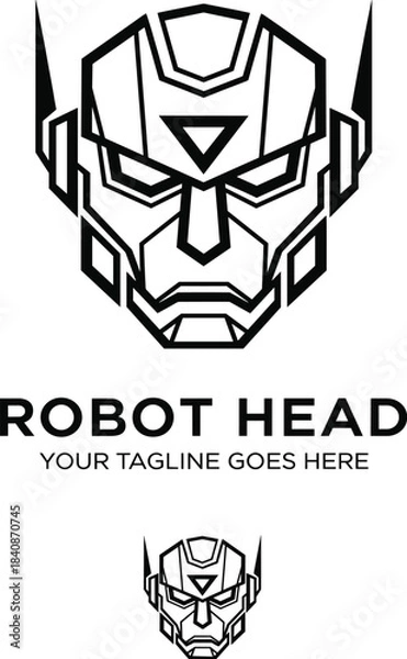 Fototapeta Bold black line art vector logo of a geometric futuristic robot head perfect for artificial intelligence technology and engineering branding