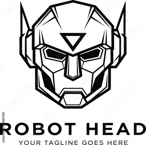 Fototapeta Bold black line art vector logo of a geometric futuristic robot head perfect for artificial intelligence technology and engineering branding