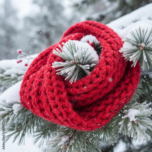 Obraz red knitting scarf on tree