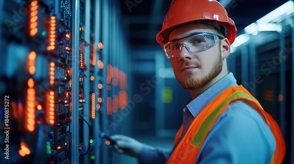 Obraz Engineer installing advanced telecom equipment in indoor environment for enhanced connectivity