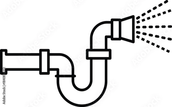 Fototapeta Black line icon of an S-bend plumbing drain pipe trap connected to a sprayer head dispensing water for cleaning plumbing and technical diagrams